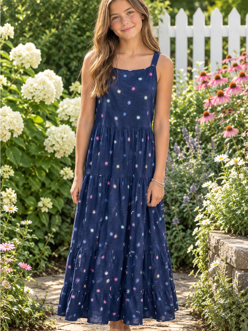Cat & Jack 16 Navy Maxi Dress with Multicolor Star Dots
